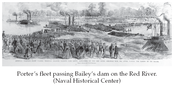 Image: Porter’s fleet passing Bailey’s dam on the Red River. (Naval Historical Center)