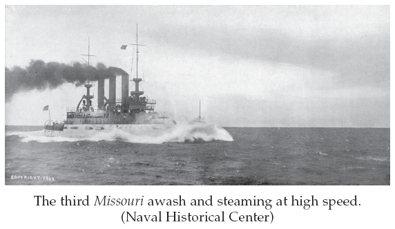 Image: The third Missouri awash and steaming at high speed. (Naval Historical Center)