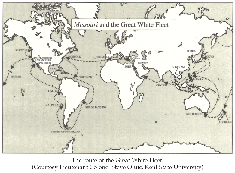 Image: The route of the Great White Fleet. (Courtesy Lieutenant Colonel Steve Oluic, Kent State University)