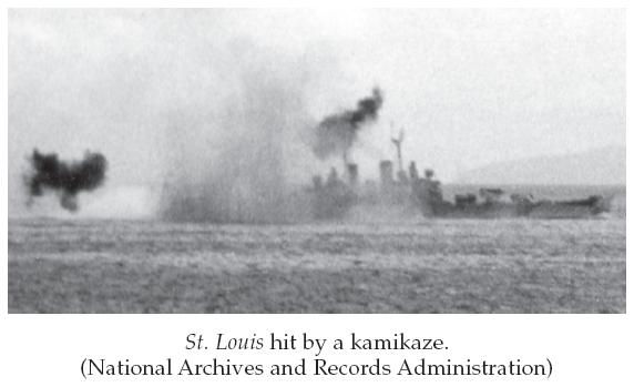 Image: St. Louis hit by a kamikaze. (National Archives and Records Administration)