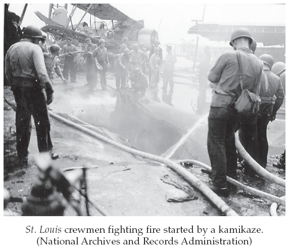 Image: St. Louis crewmen fighting fire started by a kamikaze. (National Archives and Records Administration)