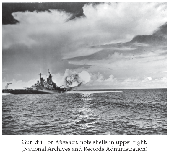 Image: Gun drill on Missouri: note shells in upper right. (National Archives and Records Administration)