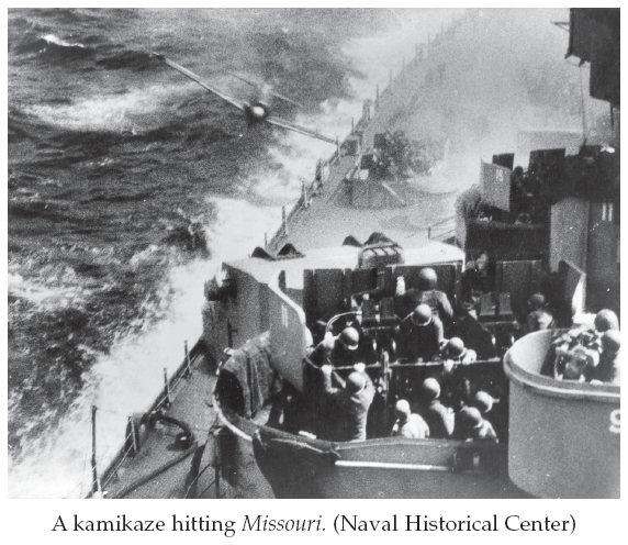 Image: A kamikaze hitting Missouri. (Naval Historical Center)