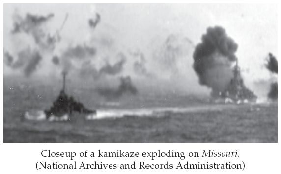 Image: Closeup of a kamikaze exploding on Missouri. (National Archives and Records Administration)