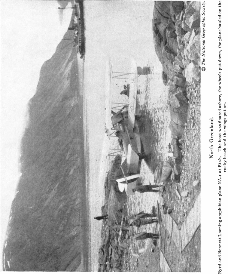 North Greenland. Byrd and Bennett Loening amphibian plane NA-i at Etah. The boat was floated ashore, the wheels put down, the plane hauled on the © The National Geographic Society. rocky beach and the wings put on.