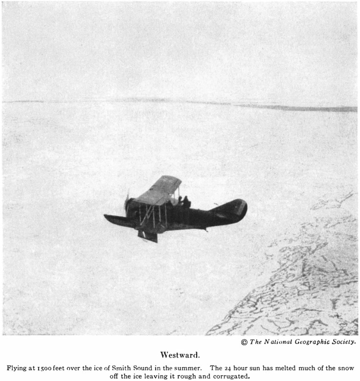 © The National Geographic Society. Westward. Flying at 1500 feet over the ice of Smith Sound in the summer. The 24 hour sun has melted much of the snow off the ice leaving it rough and corrugated.