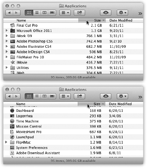 You control the sorting order of a list view by clicking the column headings (top). Click a second time to reverse the sorting order (bottom). You’ll find the or triangles—indicating the identical information—in email programs, iTunes, and anywhere else where reversing the sorting order of a list can be useful.