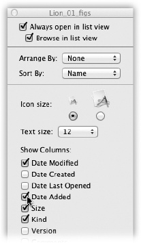 The checkboxes you turn on in the View Options dialog box determine which columns of information appear in a list-view window. Many people live full and satisfying lives with only the three default columns—Date Modified, Kind, and Size—turned on. But the other columns can be helpful in special circumstances; the trick is knowing what information appears there.