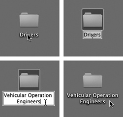 Click an icon’s name (top left) to produce the renaming rectangle (top right), in which you can edit the file’s name. OS X is kind enough to highlight only the existing name, and not the suffix (like .jpg or .doc).Now begin typing to replace the existing name (bottom left). When you’re finished typing, press Return, Enter, or Tab to seal the deal, or just click somewhere else.