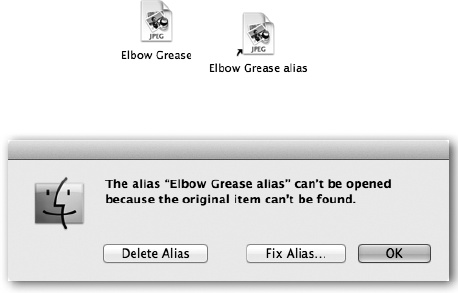 Top: You can identify an alias by the tiny arrow badge on the lower-left corner. (Longtime Mac fans should note that the name no longer appears in italics.)Bottom: If the alias can’t find the original file, you’re offered the chance to hook it up to a different file.