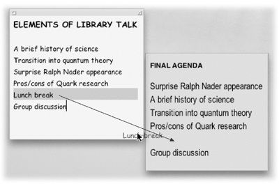 To use drag-and-drop, highlight some material. Click anywhere in the highlighted area and press the mouse button for about half a second. Now, with the button still pressed, drag to another place in the document, into a different window, or into a different application. As your cursor enters the target window, a shaded outline appears inside the window’s boundaries—the Mac’s way of letting you know it understands your intention. When you release the mouse, the highlighted material appears instantly in its new location.