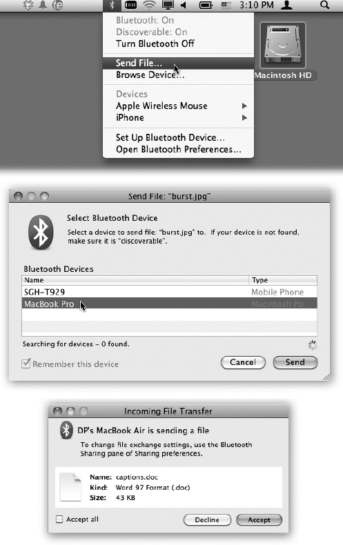 Top: Once your Mac is paired with the other gadget, it’s super-easy to shoot a file to it wirelessly. In this example, you’ll start by choosing Send File. (But you could save the second step by choosing the gadget’s name from this menulet and then Send File from the submenu.)Middle: OK. The Mac is saying: “Send this file to what gadget?” Click the one you want. (If the device isn’t in Discoverable mode, then no other Bluetooth gizmos can see it.)Bottom: This is the view from the receiving machine (a Mac, in this case). “Someone’s sending you a file. Do you want it?”