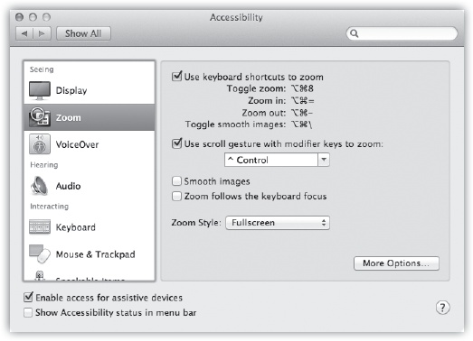 You’ll be amazed at just how much you can zoom into the Mac’s screen using this Accessibility pane. In fact, there’s nothing to stop you from zooming in so far that a single pixel nearly fills the entire monitor. (That may not be especially useful for people with limited vision, but it can be handy for graphic designers learning how to reproduce a certain icon, dot by dot.)