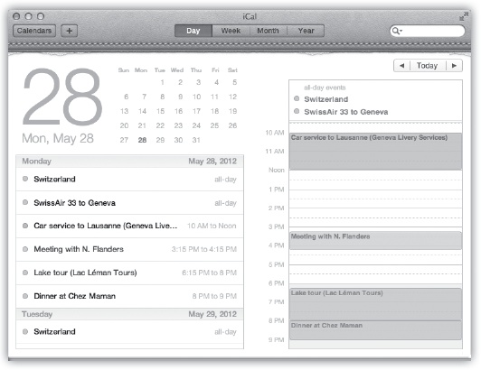 In Calendar, the and buttons at top right take you to the previous or next day, week, month, or year (depending on your current view). In the new Day view, shown here, you can click the tiny numbers on the mini-calendar (top left of page) to change days. Double-click any appointment to open its Info balloon, shown in Figure 11-4.