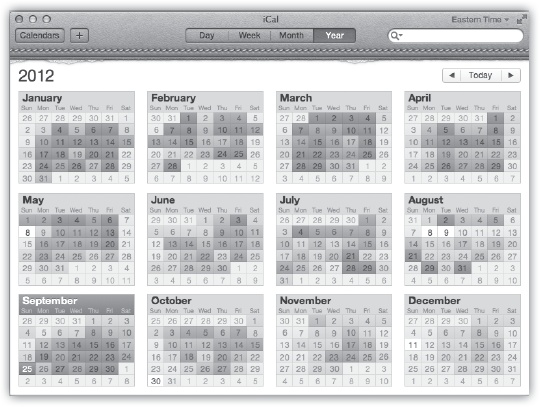 Mountain Lion’s Year view shows the entire year. The colors of the squares are a “heat map” that indicate how hectic your schedule is. If this book were in color, you’d see a range of shades from light yellow (not very busy) to deep red (you’re in big trouble). Double-click a date to open the Day view for that date.