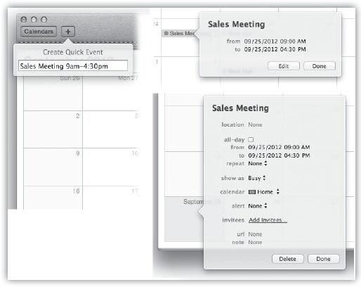 Left: Type an event’s name and time slot—for example, “Sales meeting 9am-4:30.” Press Enter. Marvel as Calendar interprets the times you typed and inserts “Sales meeting” into the right time slot.Right: All the details for an appointment appear right in this balloon/box, shown here in both its collapsed (top) and expanded views.