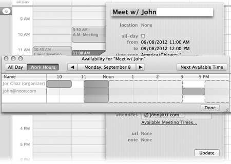 If you and your invitees are on the same calendar server (a corporate Exchange server, for example), this handy scrolling display lets you spot times when your invitees are free for a meeting. You can either drag the vertical block (which represents your proposed meeting) to a different time slot, or click Next Available Time. That makes Calendar automatically seek a time slot where everybody’s free. Good luck with that.