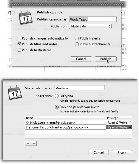 You’re about to upload the calendar to your own personal Web site, if it’s WebDAV-compatible. Your fans will be able to download the calendar but not view it online.Bottom: If you choose “Only the people you invite,” you can fill in the email addresses of the lucky invitees in the little list. Adjust the Privilege pop-up menu for each name: “Read & Write” means they can make changes to your shared calendar; “Read only” means they can look, but not touch. Click Share when you’re ready to publish.