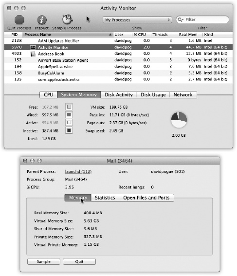 The many faces of Activity Monitor.Top: It can be a graph of your processor (CPU) activity, your RAM usage at the moment, your disk capacity, and so on. For most people, only the processes listed here with tiny icons beside their names are actual windowed programs—those with icons in the Finder, the ones you actually interact with.Don’t miss the top-left Quit Process button. It’s a convenient way to jettison a locked-up program when all else fails.Bottom: If you double-click a process’s name, you get a two- or three-tab dialog box that offers stunningly complete reams of data (mostly of interest only to programmers) about what that program is up to. (The Open Files and Ports tab, for example, shows you how many files that program has opened, often invisibly.)