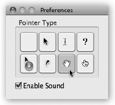 Unlike the Shift-⌘-3 or Shift-⌘-4 keystrokes, Grab lets you include the pointer/cursor in the picture—or hide it. Choose Grab→Preferences and pick one of the eight pointer styles, or choose to keep the pointer hidden by activating the blank button in the upper-left corner.