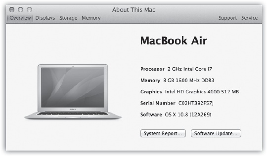 This dialog box gives you a plain-English display of the Mac details you probably care the most about: memory, screen, storage, serial number, OS X version, and so on. (Click the tabs across the top for more details.) To proceed from here to the full System Information program, click System Report.