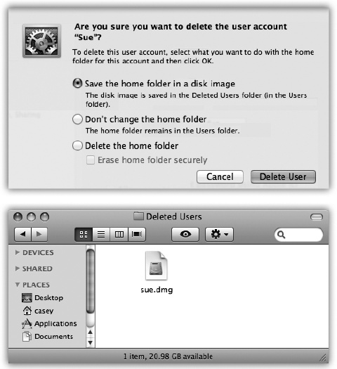 Top: This dialog box lets you know where to find the deleted account’s material, should the need arise.Bottom: The files and settings of accounts you deleted can live on in the Users→Deleted Users folder.