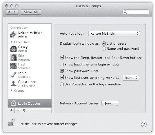 These options make it easier or harder for people to sign in, offering various degrees of security. By the way: Turning on “Name and password” also lets you sign in as >console, a troubleshooting technique described on page 810. It’s also one way to sign in with the root account, if you’re Unixy enough to know what that is.