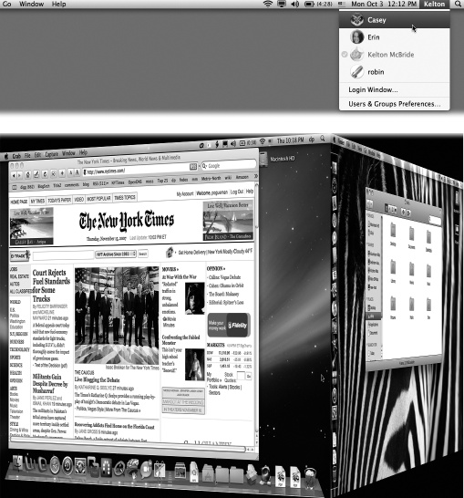 Top: The appearance of the Accounts menu lets you know that Fast User Switching is turned on. The circled checkmark indicates people who are already logged in, including those who have been “fast user switched” into the background. The dimmed name shows who’s logged in right now.Bottom: When the screen changes from your account to somebody else’s, your entire world slides visibly offscreen as though it’s mounted on the side of a rotating cube—a spectacular animation made possible by OS X’s Quartz Extreme graphics software.