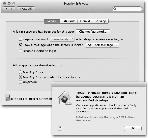 Top: The “Allow applications downloaded from” options are, in fact, the face of Gatekeeper.Bottom: If you try to open a downloaded program that Apple can’t vouch for, you get this admonishing dialog box.