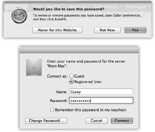 Top: Safari is one of several Internet-based programs that offer to store your passwords in the Keychain; just click Yes. The next time you visit this Web page, you’ll find your name and password already typed in.At any time, you can see a complete list of the memorized Web passwords by choosing Safari→Preferences→Passwords (page 734).Bottom: When you connect to a server (a shared disk or folder on the network), just turn on “Remember this password in my keychain.”