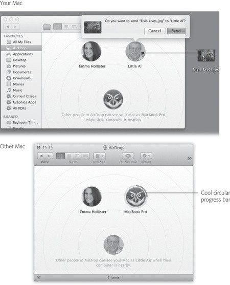 Top: If there are other Lion or Mountain Lion Macs within about 30 feet, you see their logged-in users’ icons here. Usually, the icons display the Mac owners’ account pictures; but if they have facial photos in your Contacts, then you see those instead.Bottom: Here’s what you see if you’re the recipient (and have clicked Save in the confirmation box). To find your newly arrived goodies, open your Downloads folder.