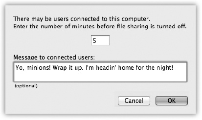 This dialog box asks you how much notice you want to give your coworkers that they’re about to be disconnected, and what message to send them before the ax falls.