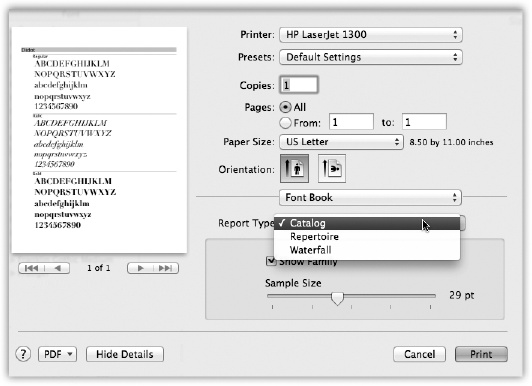 From the Report Type pop-up menu, choose the style you want. The preview screen shows you each one before you commit it to paper. Type-size controls always appear in the lower right.