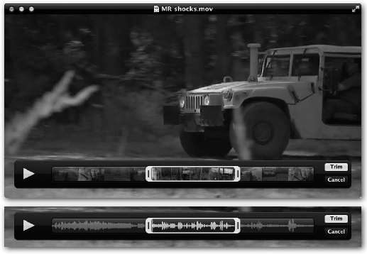 Top: To trim a video, choose Edit→Trim or press ⌘-T. Drag the yellow handles inward to isolate the chunk you want to preserve. (You can click or tap the space bar to check your work.) When everything looks good, click Trim or press Return.Bottom: If you choose View→Show Audio Track, then you can use the soundwaves as a guide to your precision editing.