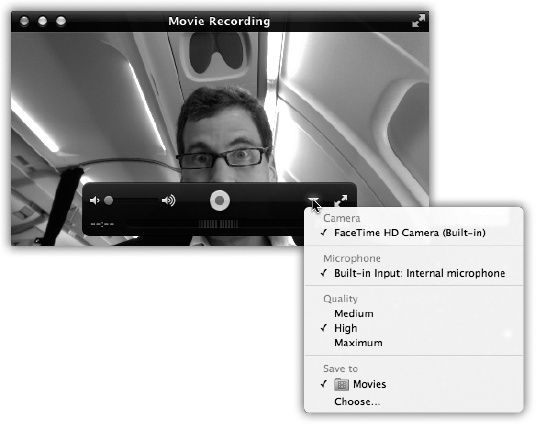 Use the pop-up menu to set up your flick; check the audio level (reflected by the dancing “VU-meter” bars at the bottom of the control bar); choose a folder location for the finished movie; and choose a camera and mike.