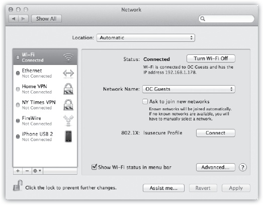 You set up all your network connections here, and you can connect to and disconnect from all your networks here. The listed network connections are tagged with color-coded dots. A green dot means turned on and connected to a network; yellow means the connection is working but some other setting is wrong (for example, your Mac can’t get an IP address); red means there’s no connection, or you haven’t yet set up a connection.