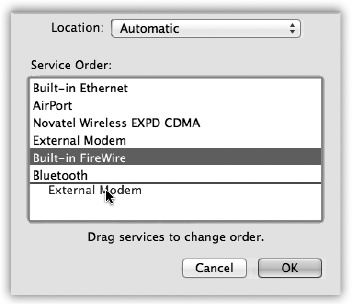 The key to multihoming is sliding the network connection methods’ names up or down. Note that you can choose a different connection sequence for each location. (Locations are described later in this chapter.)