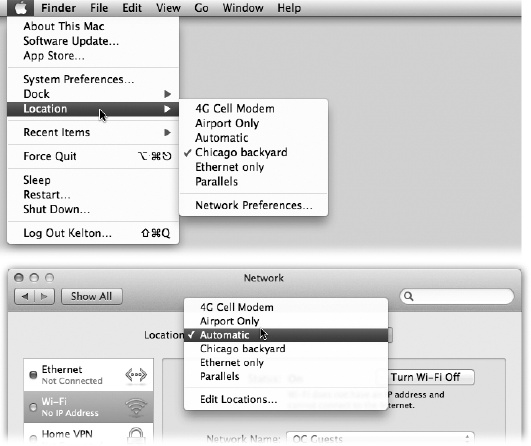 The Location feature lets you switch from one “location” to another just by choosing its name—either from the menu (top) or from this pop-up menu in System Preferences (bottom). The Automatic location just means “the standard, default one you originally set up.” (Don’t be fooled: Despite its name, Automatic isn’t the only location that offers multihoming, described earlier in this chapter.)