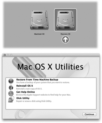 Top: This simple display of disk icons is known as the Startup Manager. It’s an easy way to specify which disk you want to start up from.Bottom: Here’s the point of the Recovery HD partition: a screen full of emergency utilities that can fix your Mac’s regularly scheduled hard drive. If there’s a pop-up menu at the bottom, it’s for choosing a WiFi hot spot so that you can access the rest of your network. That might be useful when, for example, you want to access your Time Capsule backups.