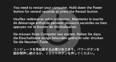 A kernel panic is almost always related to some piece of add-on hardware. And look at the bright side: At least you get this handsome dialog box. That’s a lot better than the Mac OS X 10.0 and 10.1 effect—random text gibberish superimposing itself on your screen.