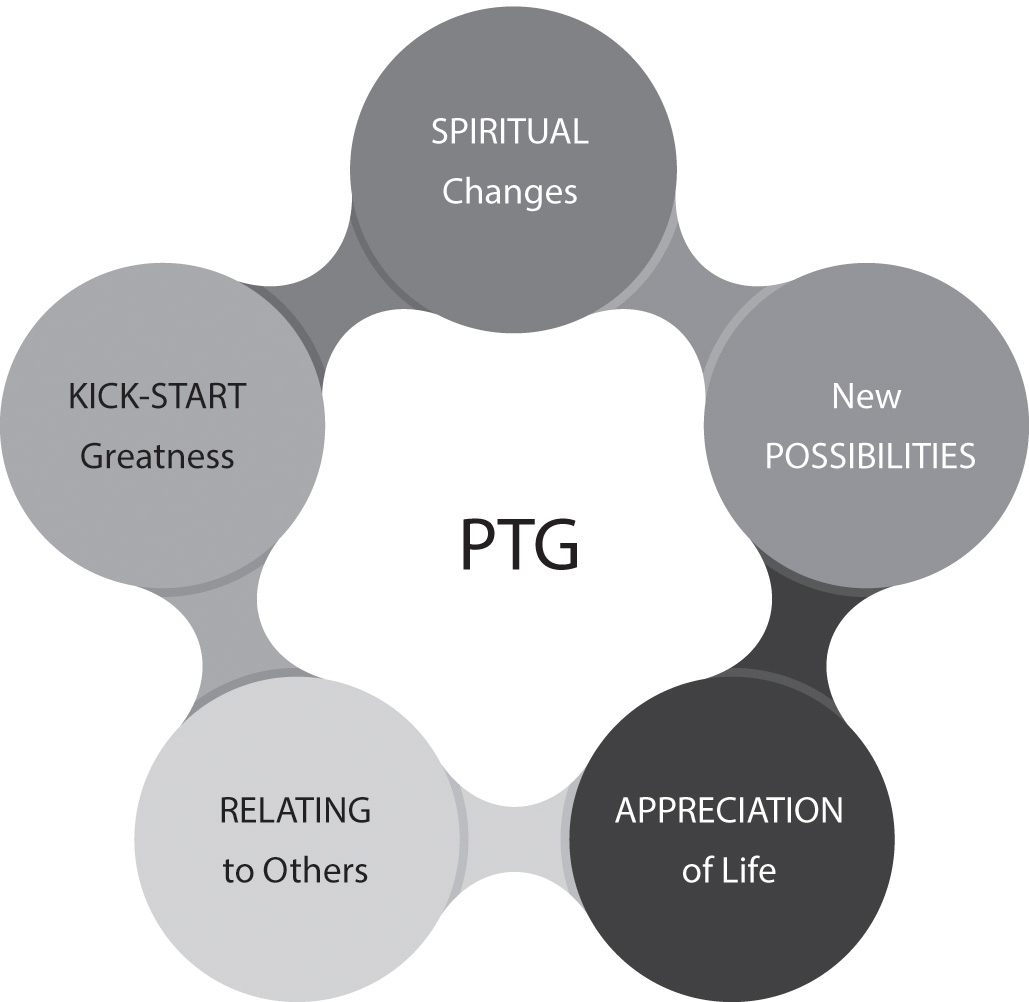 Diagram of five circles connected in a circular arrangement around the term posttraumatic growth (PTG). The circles are labeled spiritual changes, new possibilities, appreciation of life, relating to others, and kick-start greatness.