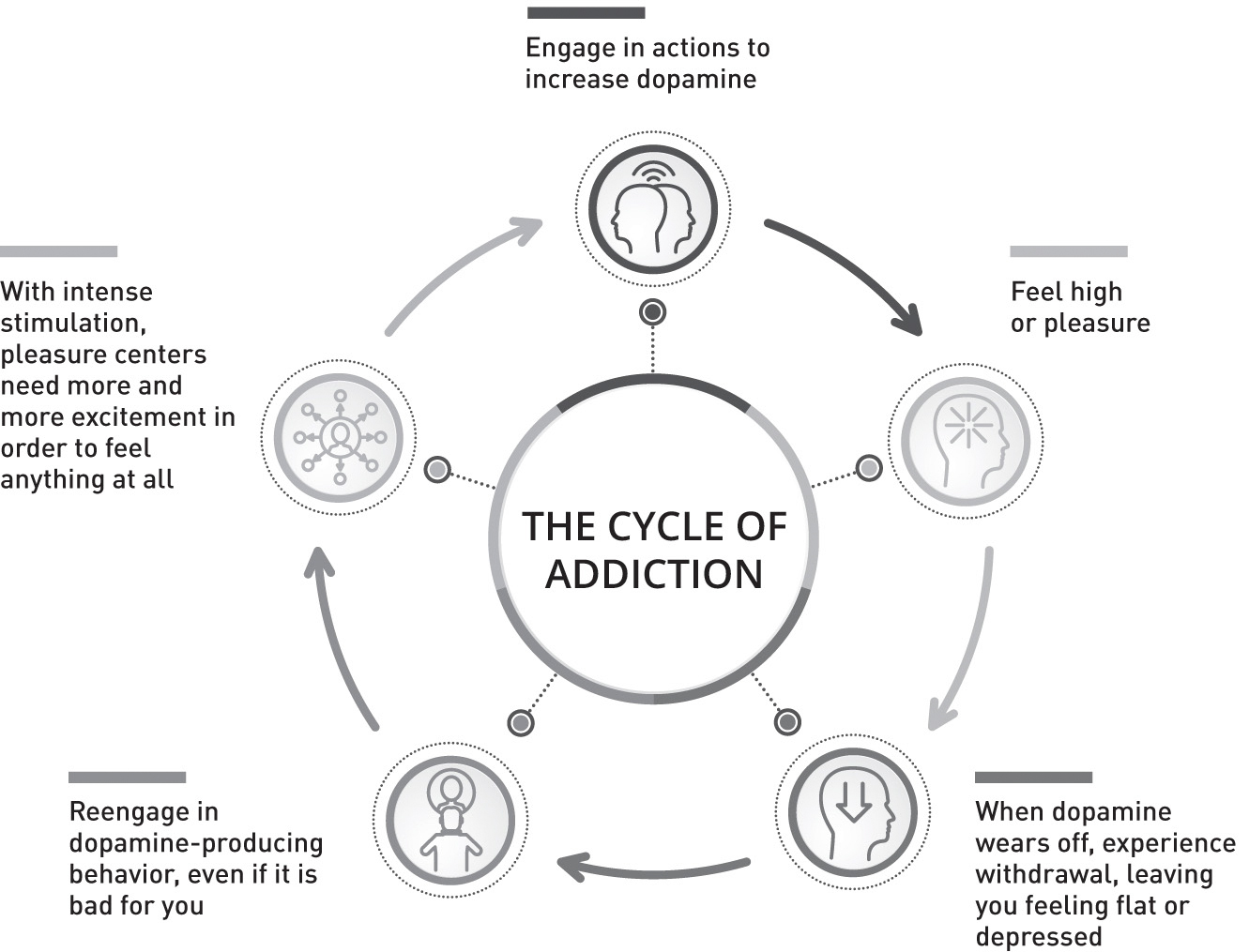 A cycle showing five stages. Stage 1: Engage in actions to increase dopamine. Stage 2: Feel high or pleasure. Stage 3: When dopamine wears off, experience withdrawal, leaving you feeling flat or depressed. Stage 4: Reengage in dopamine-producing behavior, even if it is bad for you. Stage 5: With intense stimulation, pleasure centers need more and more excitement in order to feel anything at all.