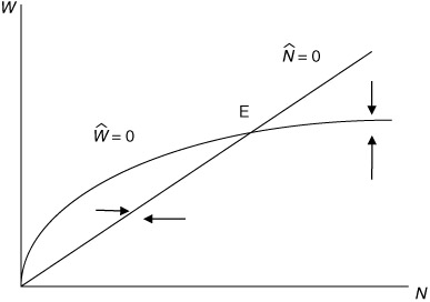 Figure 23.3 Basic Malthusian model with diminishing returns.