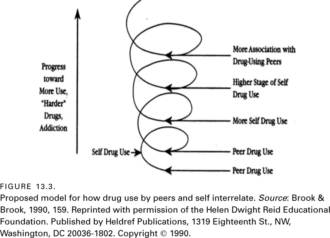 FIGURE 13.3. Proposed model for how drug use by peers and self interrelate. Source: Brook & Brook, 1990, 159. Reprinted with permission of the Helen Dwight Reid Educational Foundation. Published by Heldref Publications, 1319 Eighteenth St., NW, Washington, DC 20036-1802. Copyright 1990.