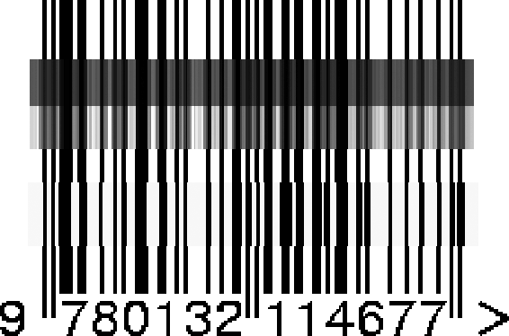 Photographic and generated images of barcode juxtaposed to illustrate the variation in bar brightness and resolution