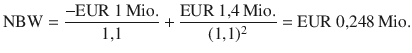 $${\text{NBW}}=\frac{-{\text{EUR}}\ 1{\,\text{Mio.}}}{1{,}1}+\frac{{\text{EUR}}\ 1{,}4{\,\text{Mio.}}}{(1{,}1)^{2}}={\text{EUR}}\ 0{,}248{\,\text{Mio.}}$$