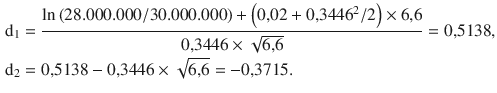 $$\begin{aligned}\displaystyle&\displaystyle\mathrm{d}_{1}=\frac{\ln\left(28.000.000/30.000.000\right)+\left(0{,}02+0{,}3446^{2}/2\right)\times 6{,}6}{0{,}3446\times\sqrt{6{,}6}}=0{,}5138,\\ \displaystyle&\displaystyle\mathrm{d}_{2}=0{,}5138-0{,}3446\times\sqrt{6{,}6}=-0{,}3715.\end{aligned}$$