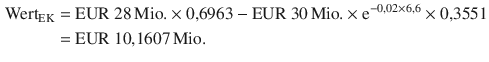 $$\begin{aligned}\displaystyle\text{Wert}_{\text{EK}}&\displaystyle=\text{EUR}\ 28\,\text{Mio.}\times 0{,}6963-\text{EUR}\ 30\,\text{Mio.}\times\mathrm{e}^{-0{,}02\times 6{,}6}\times 0{,}3551\\ \displaystyle&\displaystyle=\text{EUR}\ 10{,}1607\,\text{Mio.}\end{aligned}$$