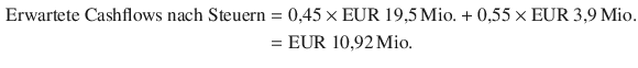 $$\begin{aligned}\displaystyle{\text{Erwartete Cashflows nach Steuern}}&\displaystyle=0{,}45\times{\text{EUR}}\ 19{,}5{\,\text{Mio.}}+0{,}55\times{\text{EUR}}\ 3{,}9{\,\text{Mio.}}\\ \displaystyle&\displaystyle={\text{EUR}}\ 10{,}92{\,\text{Mio.}}\end{aligned}$$