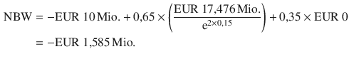 $$\begin{aligned}\displaystyle{\text{NBW}}&\displaystyle=-{\text{EUR}}\ 10{\,\text{Mio.}}+0{,}65\times\left({\frac{{\text{EUR}}\ 17{,}476{\,\text{Mio.}}}{\mathrm{e}^{2\times 0{,}15}}}\right)+0{,}35\times{\text{EUR}}\ 0\\ \displaystyle&\displaystyle=-{\text{EUR}}\ 1{,}585{\,\text{Mio.}}\end{aligned}$$